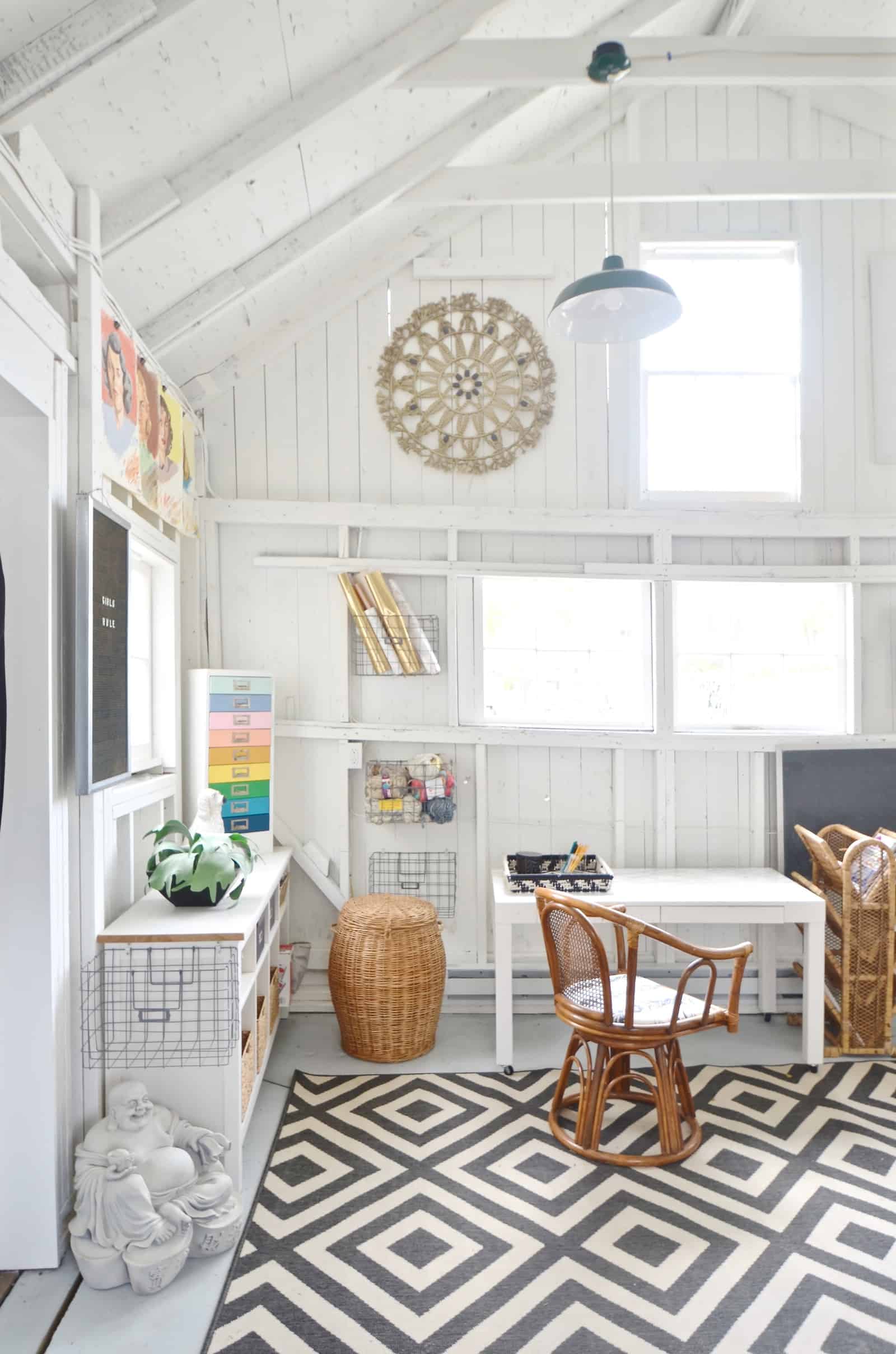 Backyard shed gets a colorful and eclectic multi-purpose makeover thanks to the One Room Challenge.