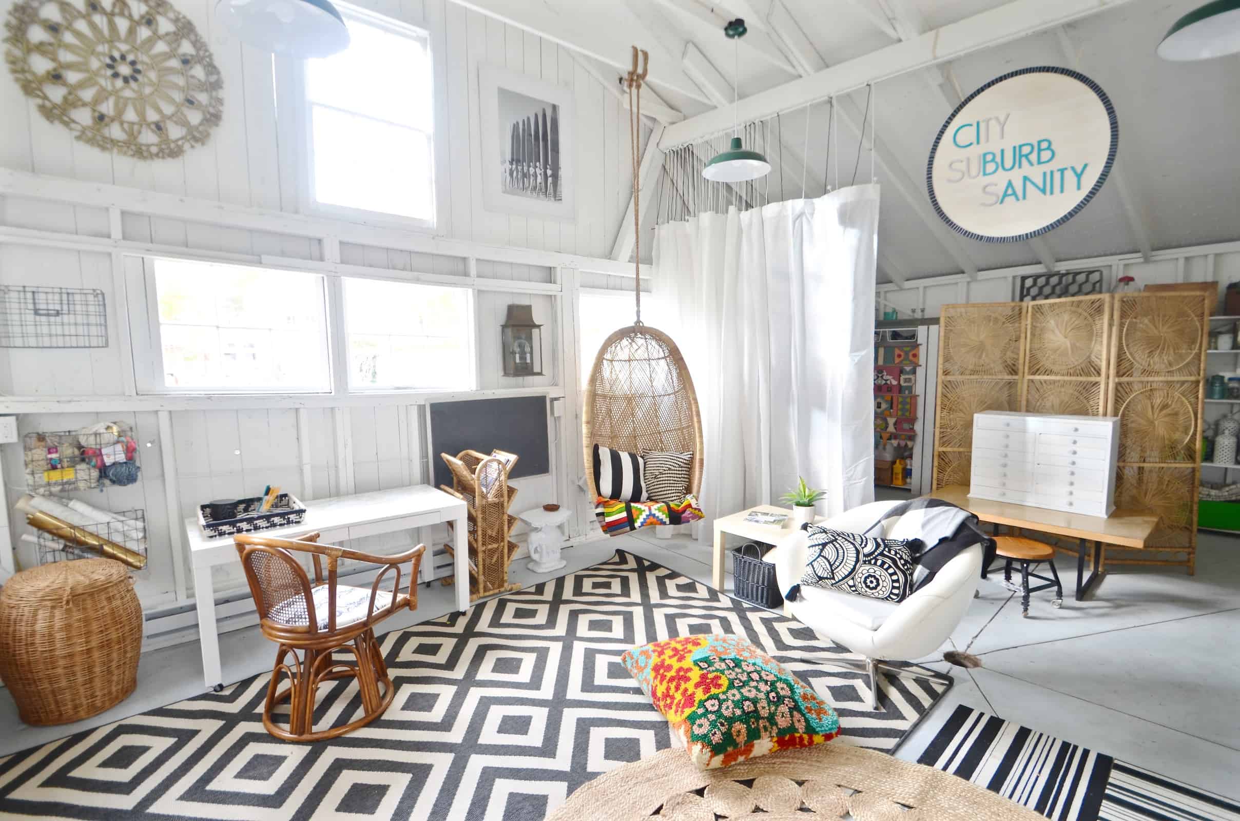 Backyard shed gets a colorful and eclectic multi-purpose makeover thanks to the One Room Challenge.