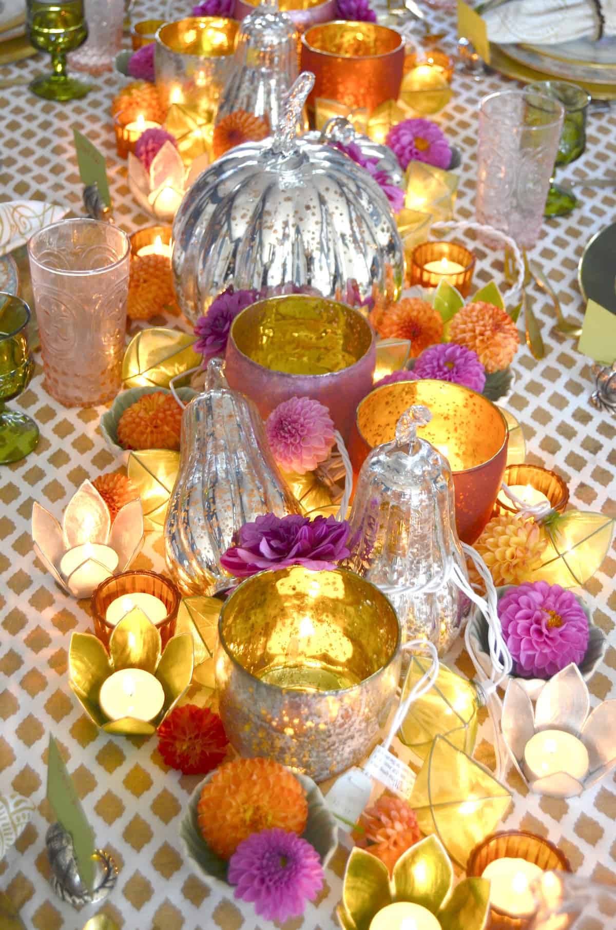 Pink and green and floral eclectic Thanksgiving tablescape.