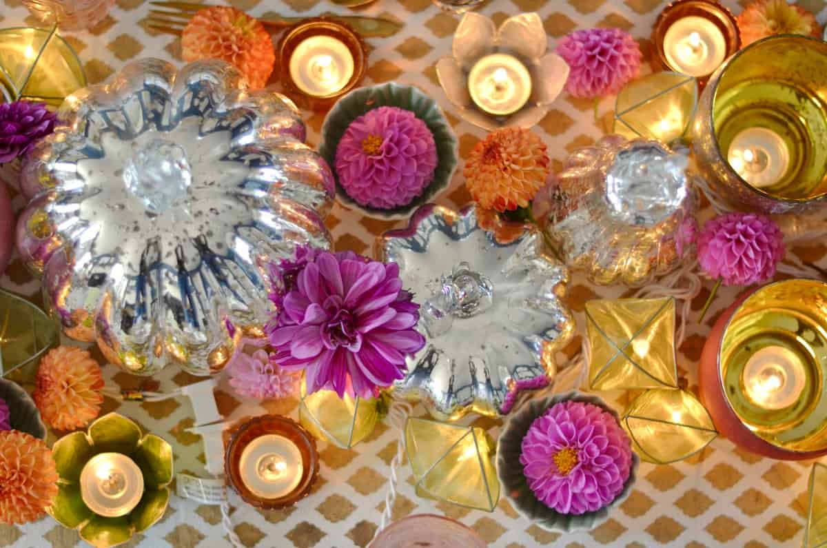 Pink and green and floral eclectic Thanksgiving tablescape.