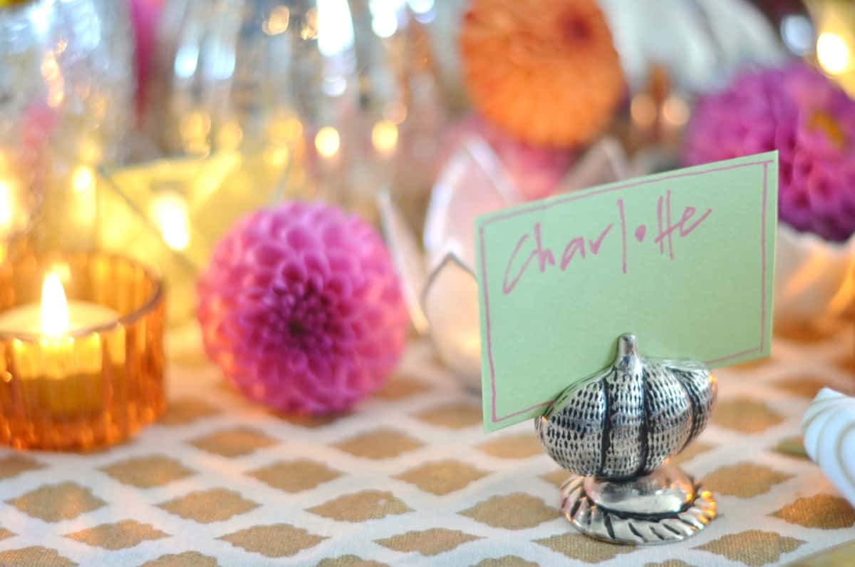 Pink and green and floral eclectic Thanksgiving tablescape.
