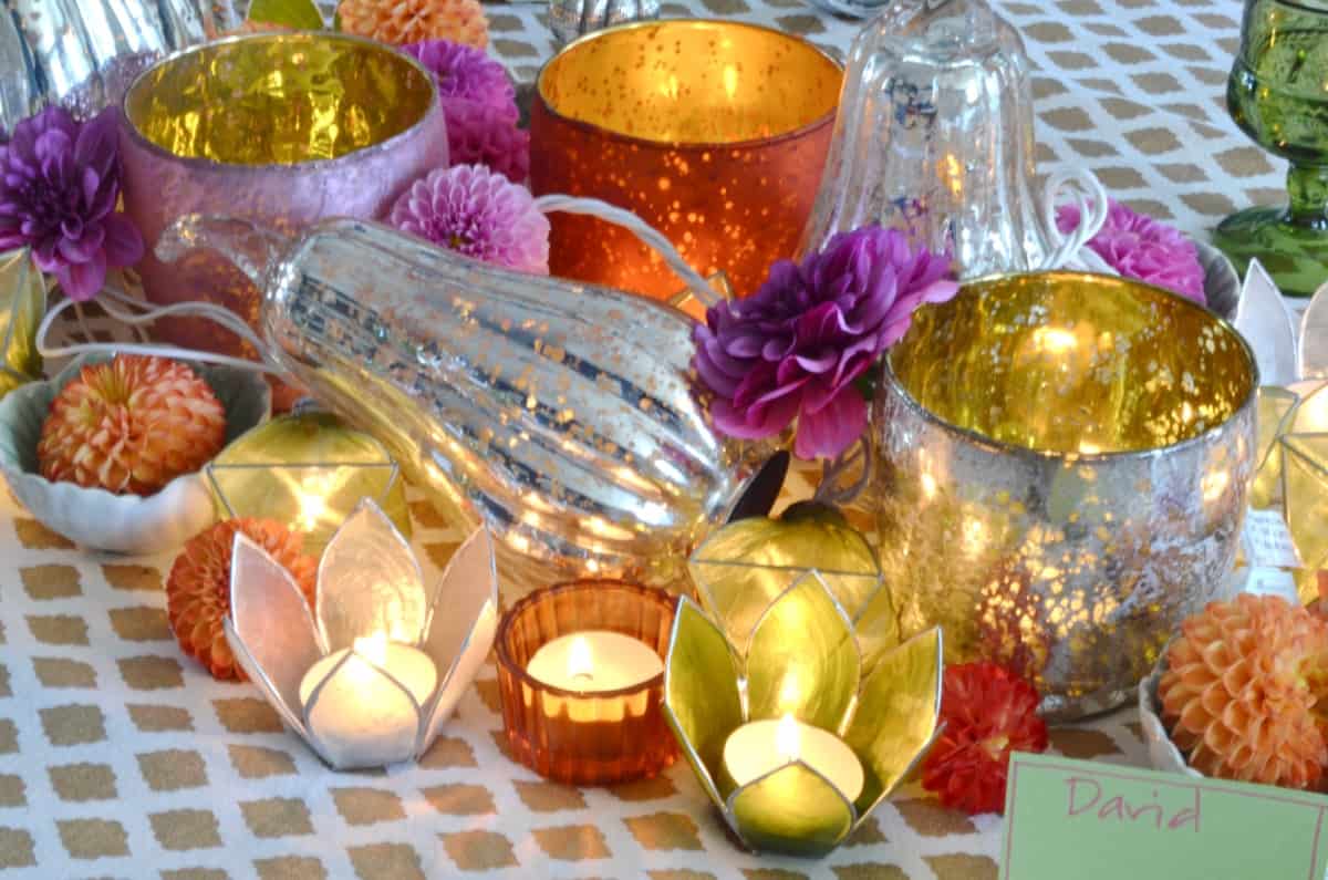 Pink and green and floral eclectic Thanksgiving tablescape.