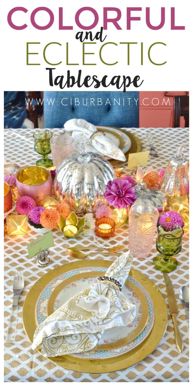 Pink and green and floral eclectic Thanksgiving tablescape.