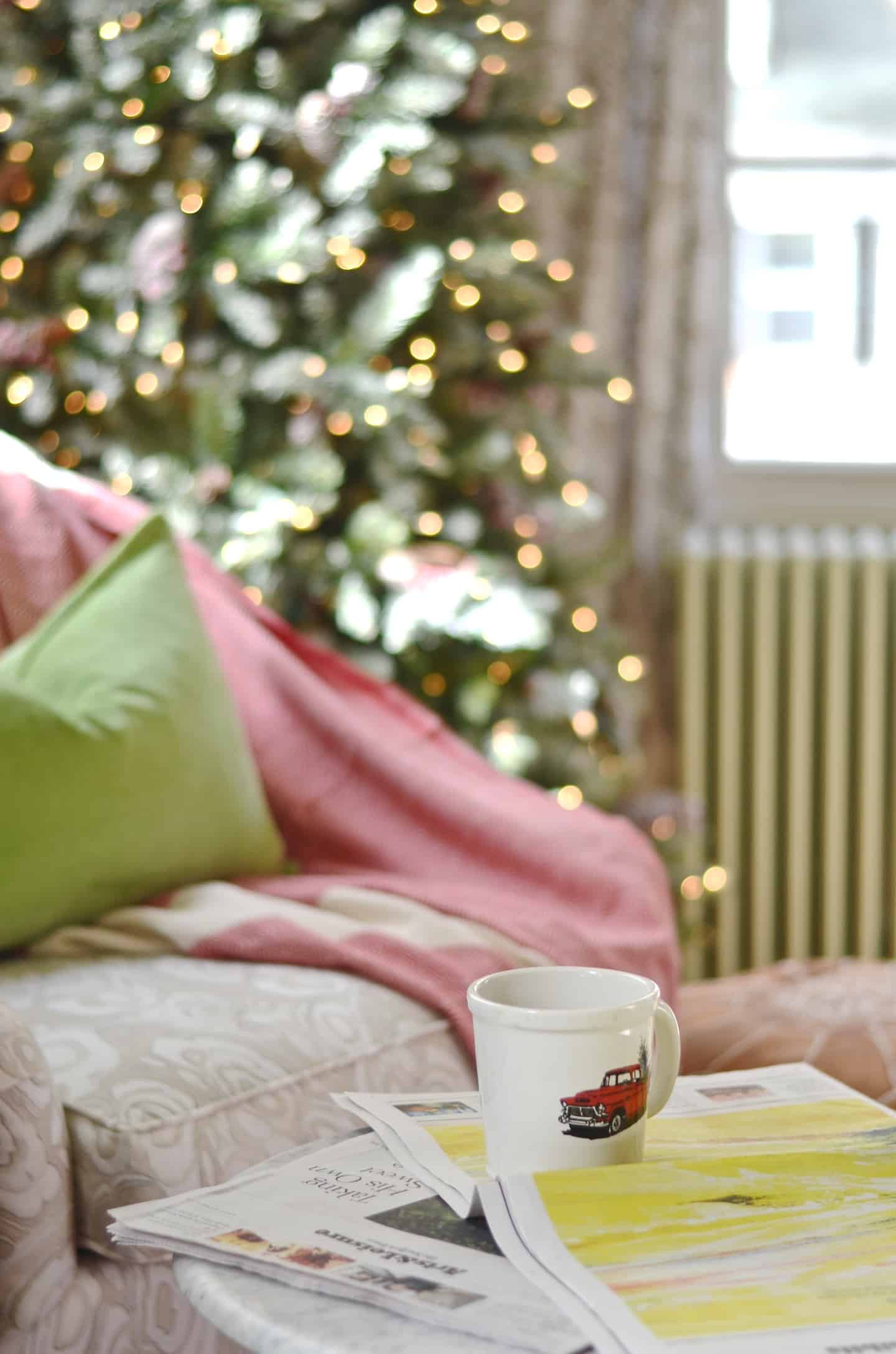 Festive holiday master bedroom in classic green and red.