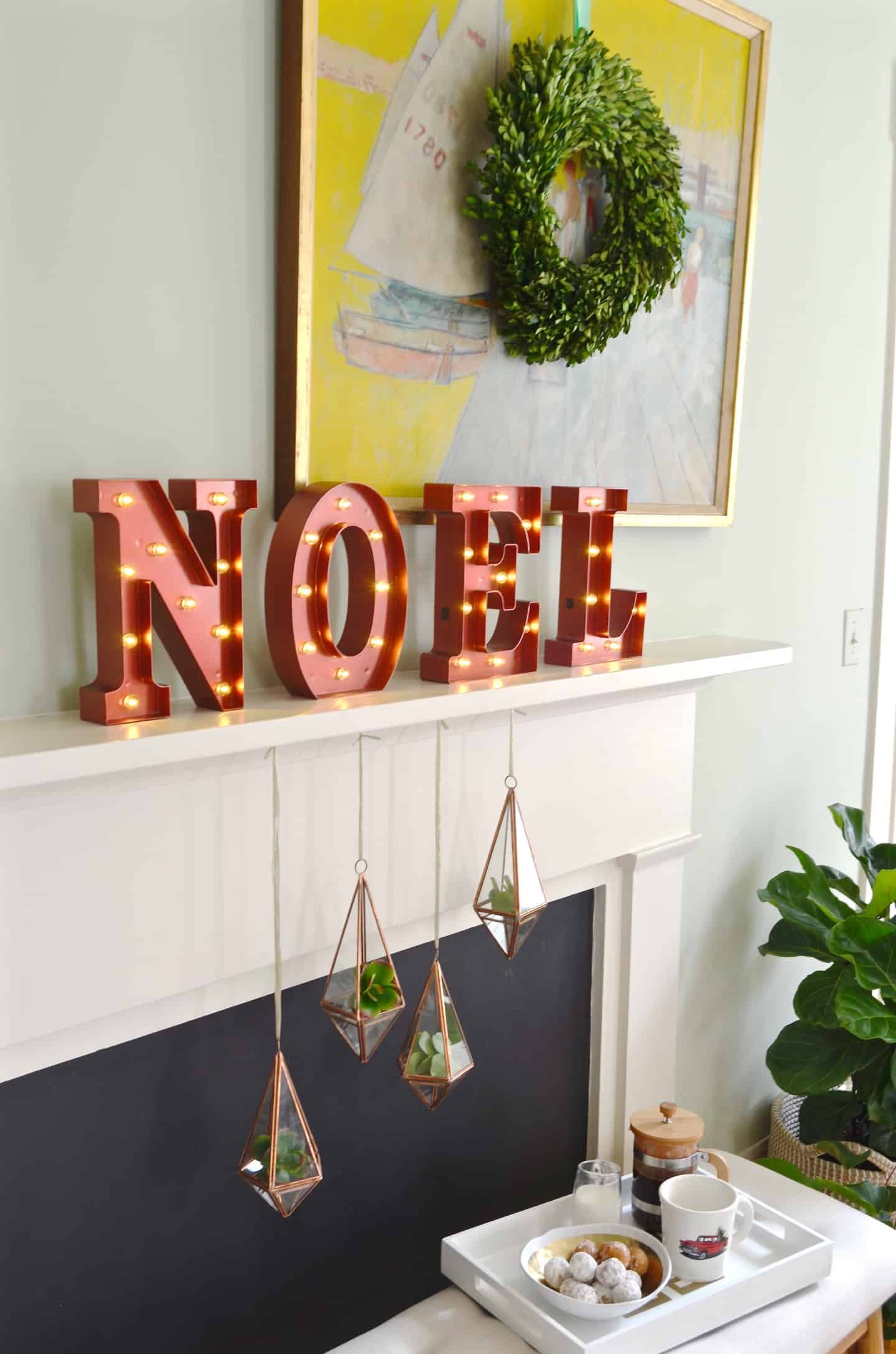 Festive holiday master bedroom in classic green and red.