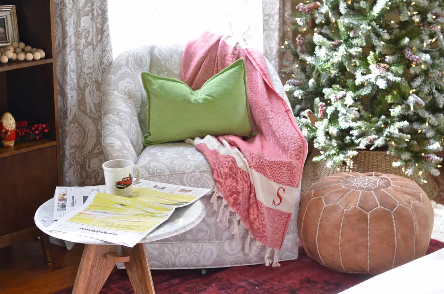 Festive holiday master bedroom in classic green and red.