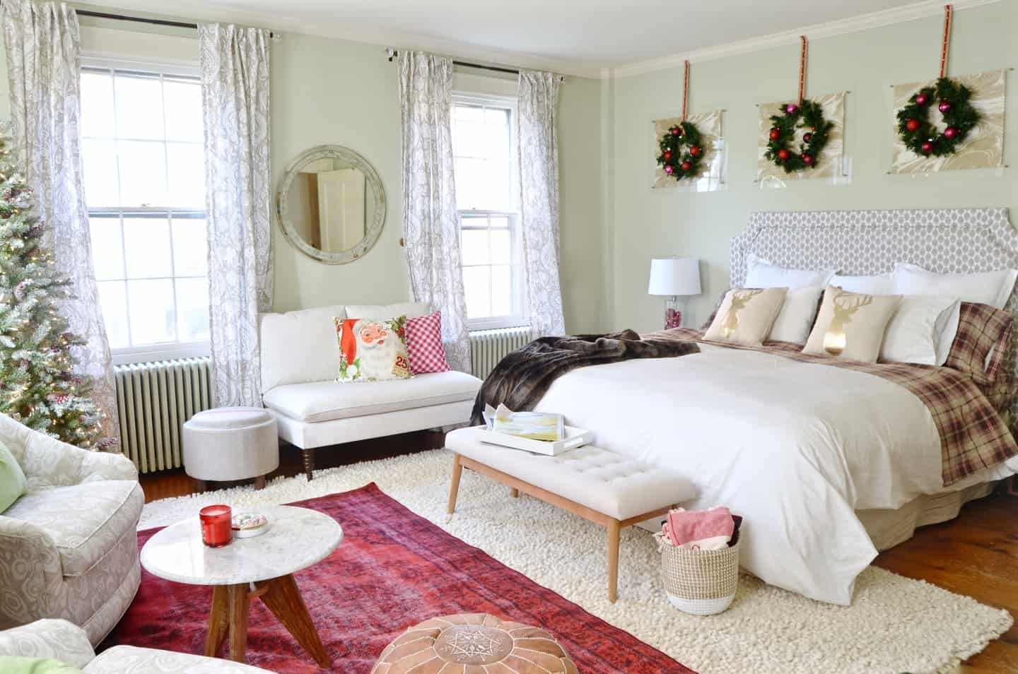 New England holiday house tour with lots of Christmas trees and classic red accents.