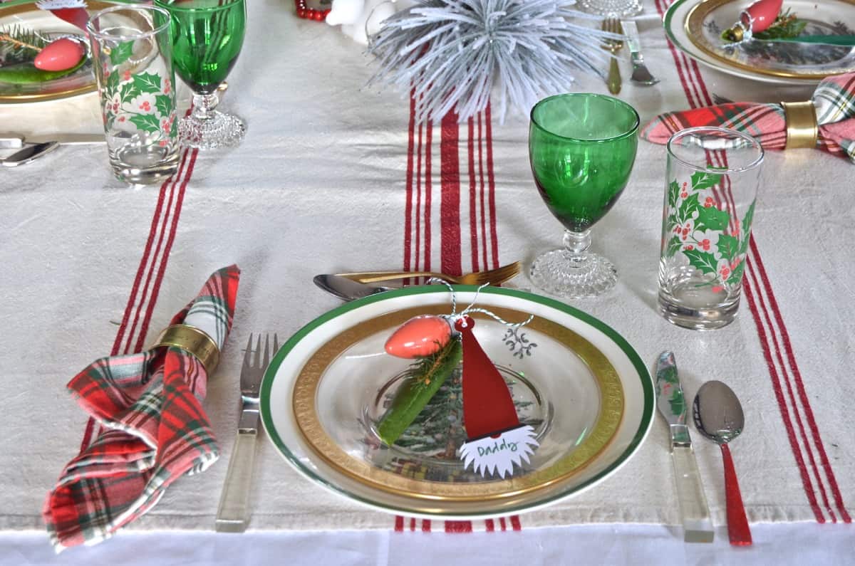 red and green christmas table for our eclectic blue and white dining room