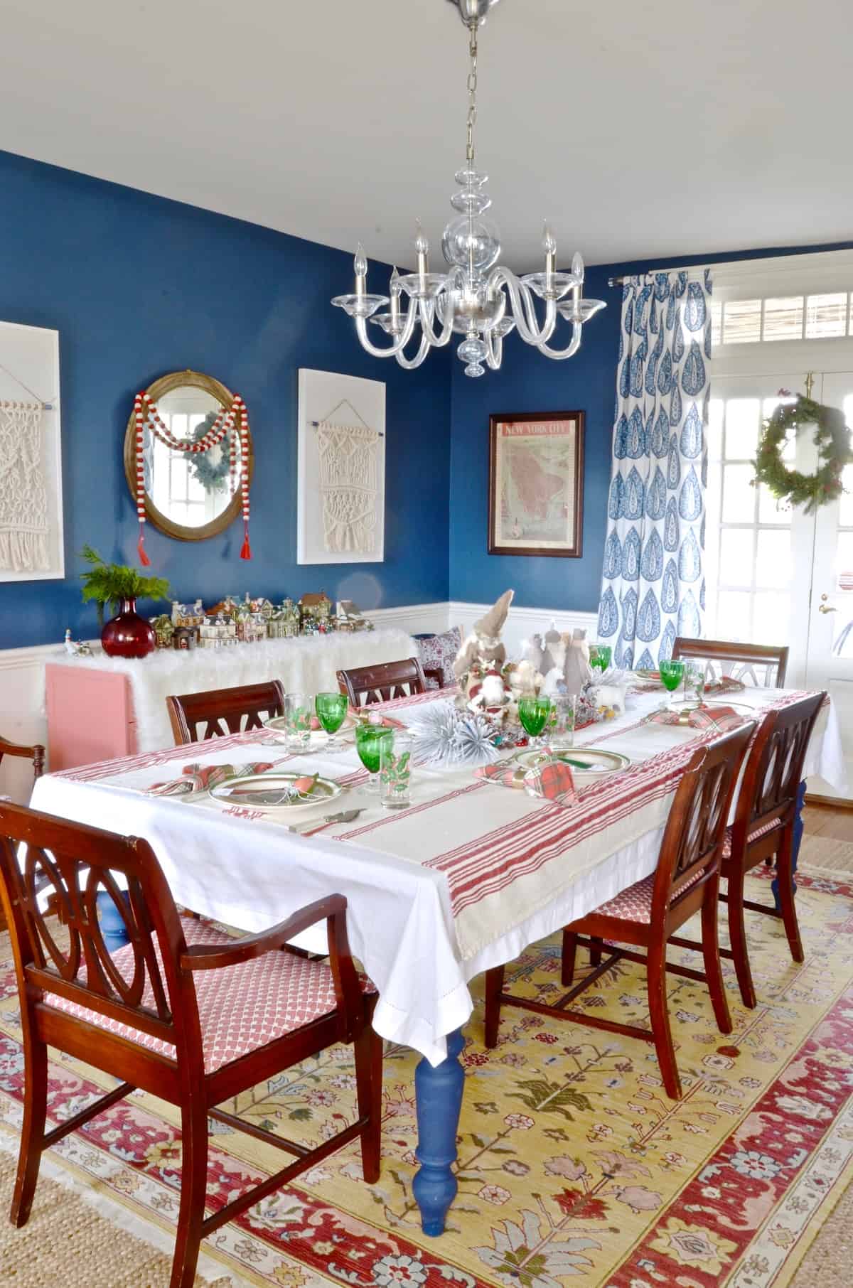 red and green christmas table for our eclectic blue and white dining room