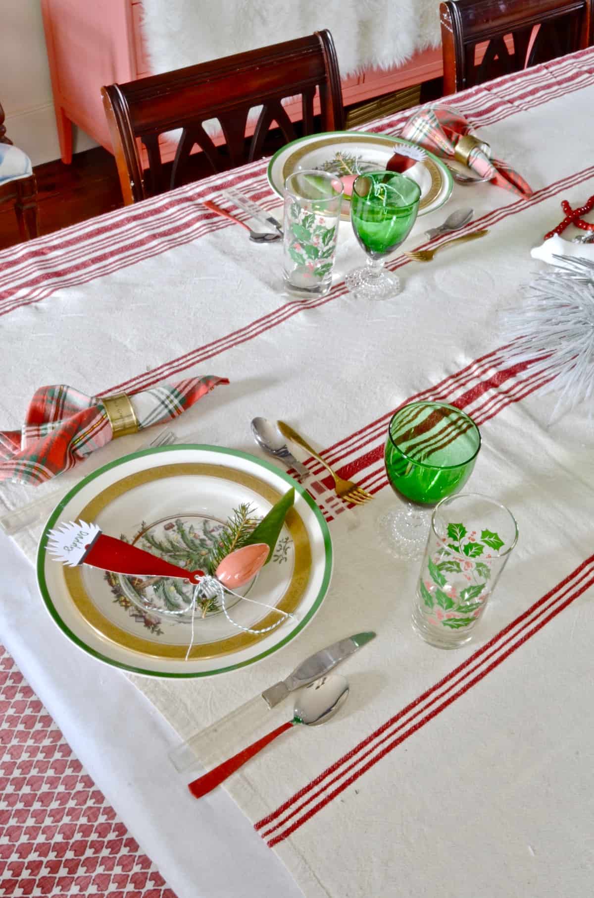 red and green christmas table for our eclectic blue and white dining room