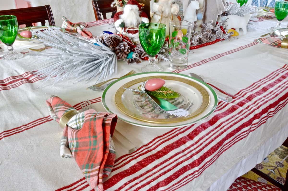 red and green christmas table for our eclectic blue and white dining room