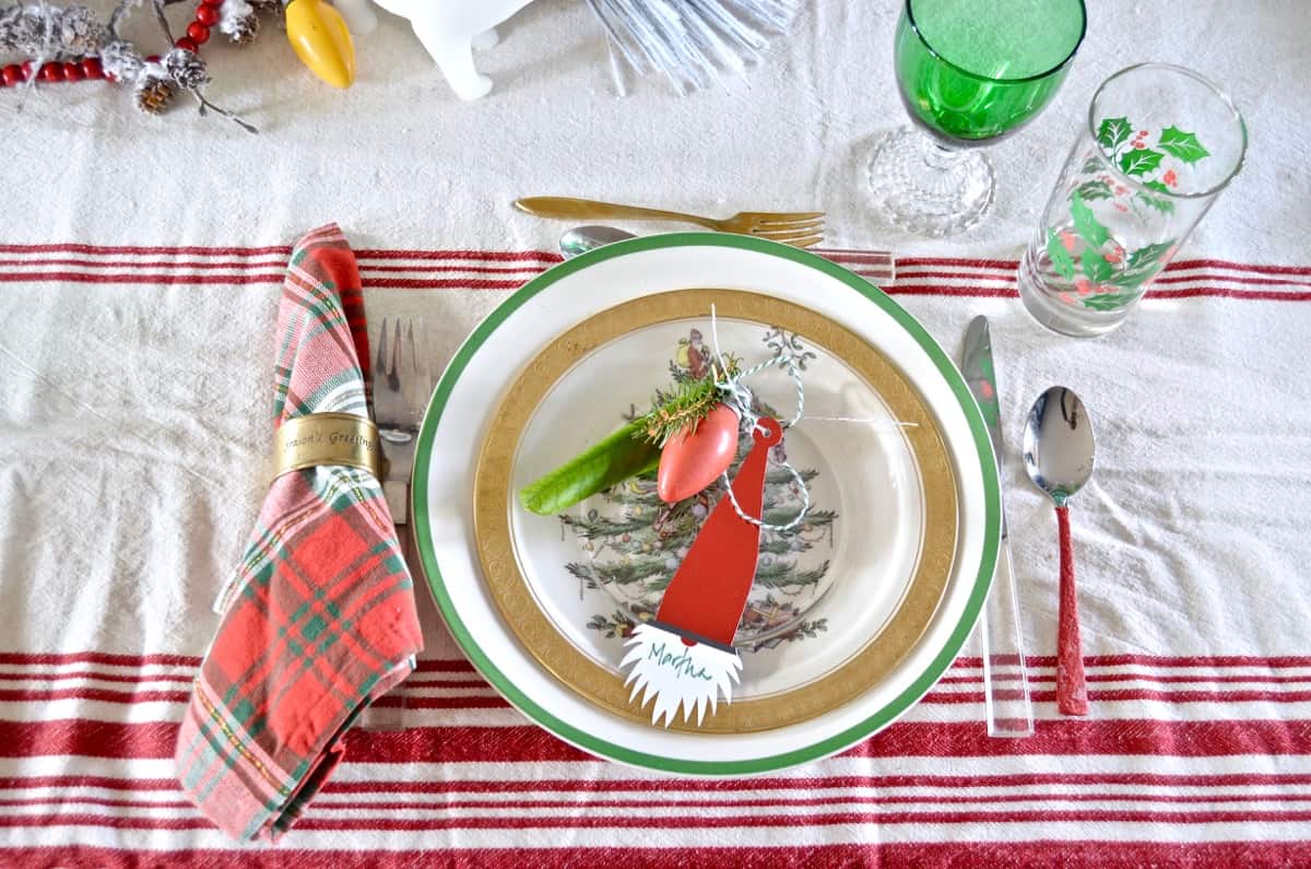 red and green christmas table for our eclectic blue and white dining room