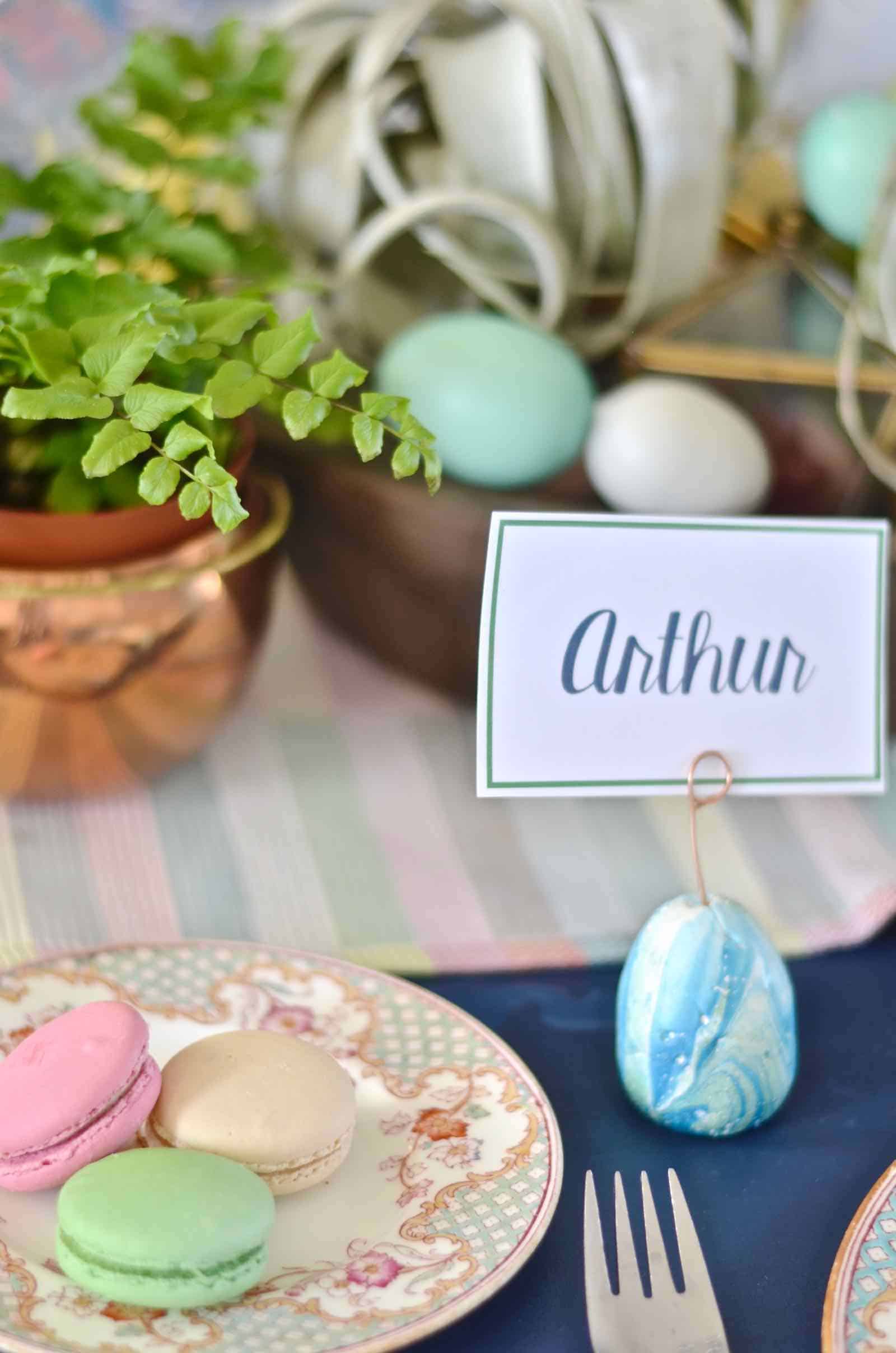 Lush coral and blue eclectic easter tablescape.