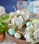 Lush coral and blue eclectic easter tablescape.