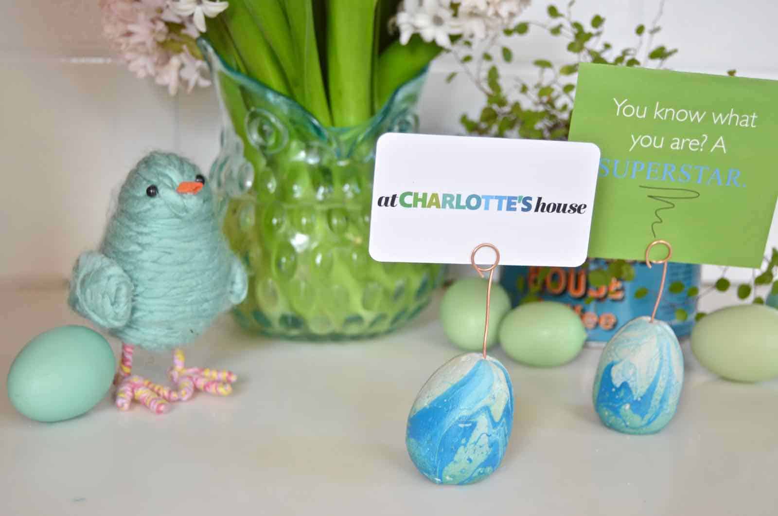 Plaster of paris DIY marbleized easter egg place card holders.