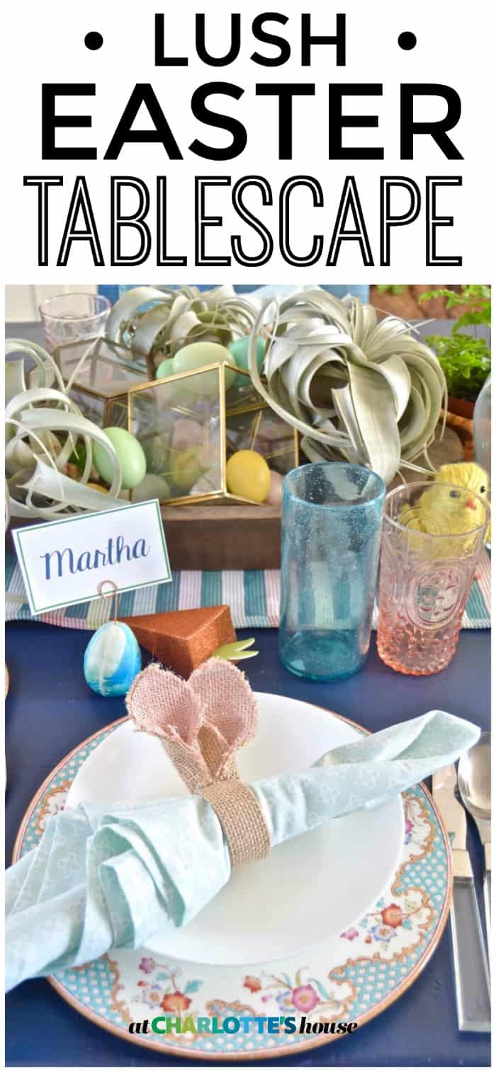 Lush coral and blue eclectic easter tablescape.