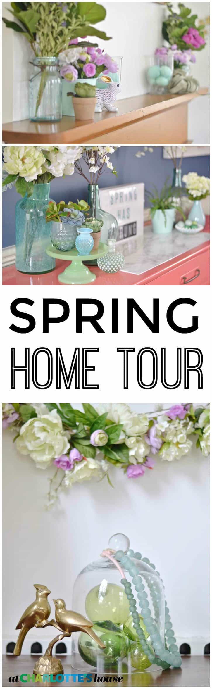 Spring house tour with flowers and decorative accents in blue and green.