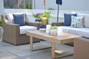 Phase 1 of our patio reveal... family friendly and cohesive furniture for the summer.