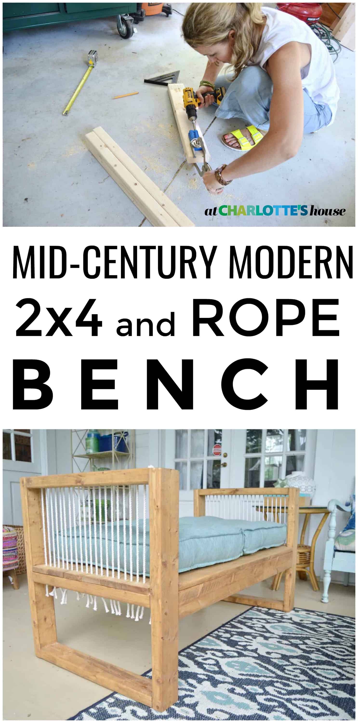 DIY bench made out of 2x4s with chic rope detail