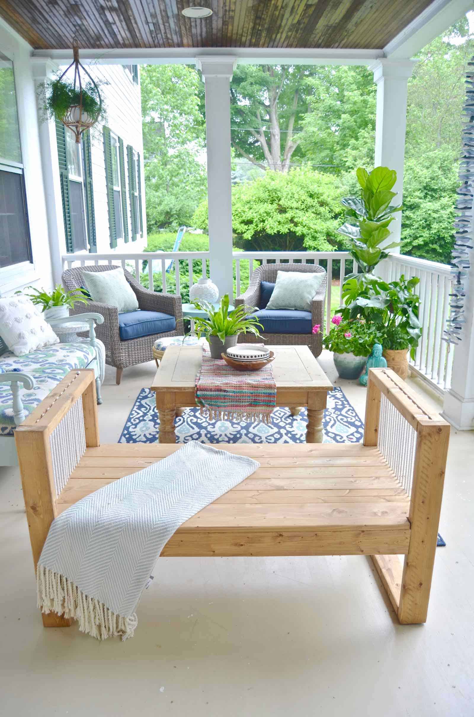 DIY bench made out of 2x4s with chic rope detail