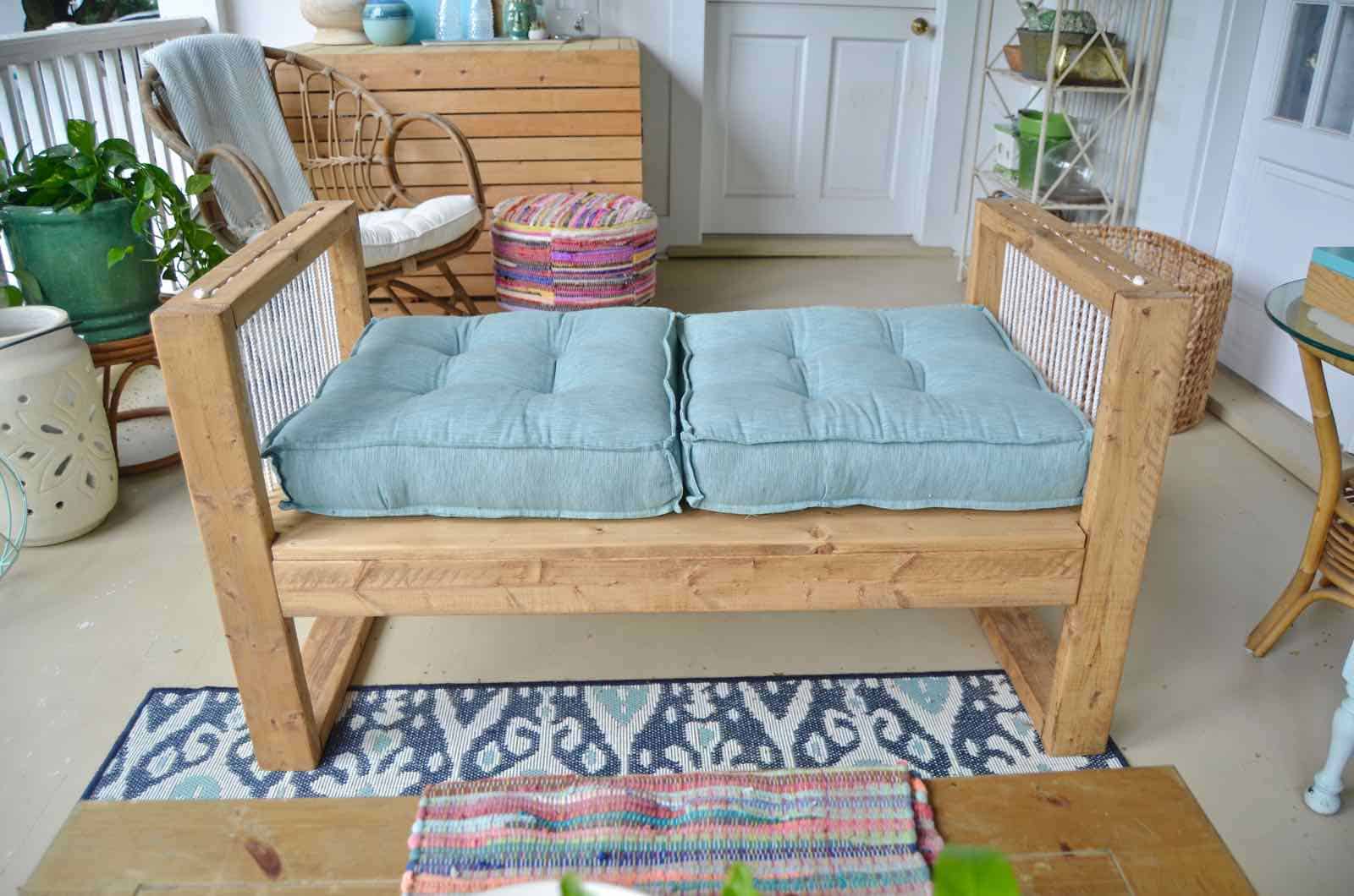 DIY bench made out of 2x4s with chic rope detail