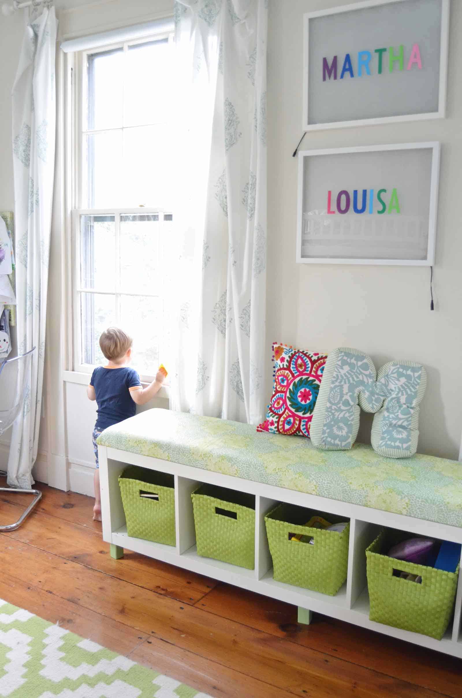 upholstered bench in shared kids room