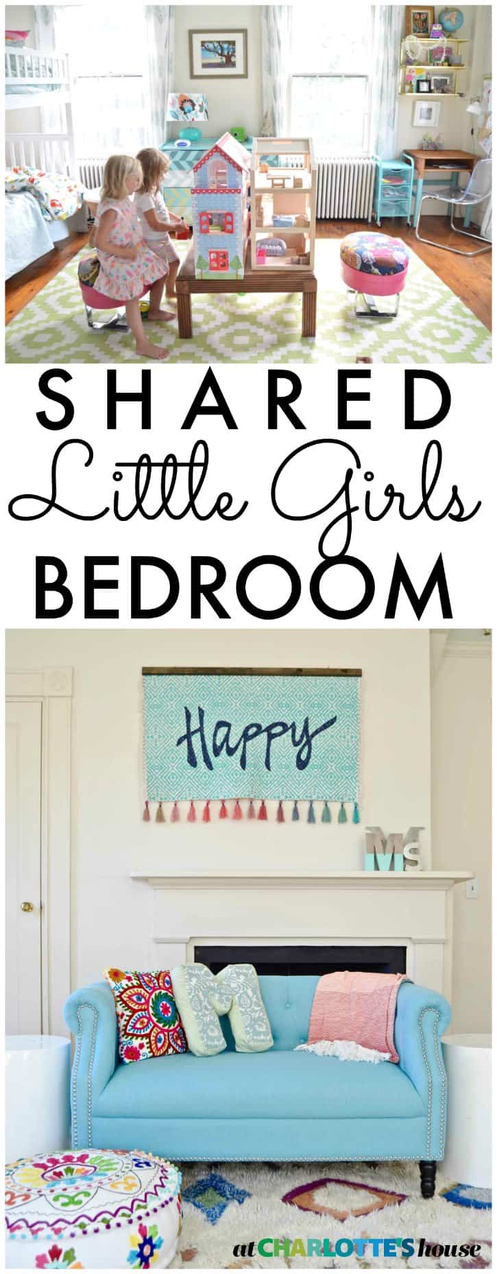 This bedroom is just what a little girl would ask for: rainbows and doll houses and their name in lights!