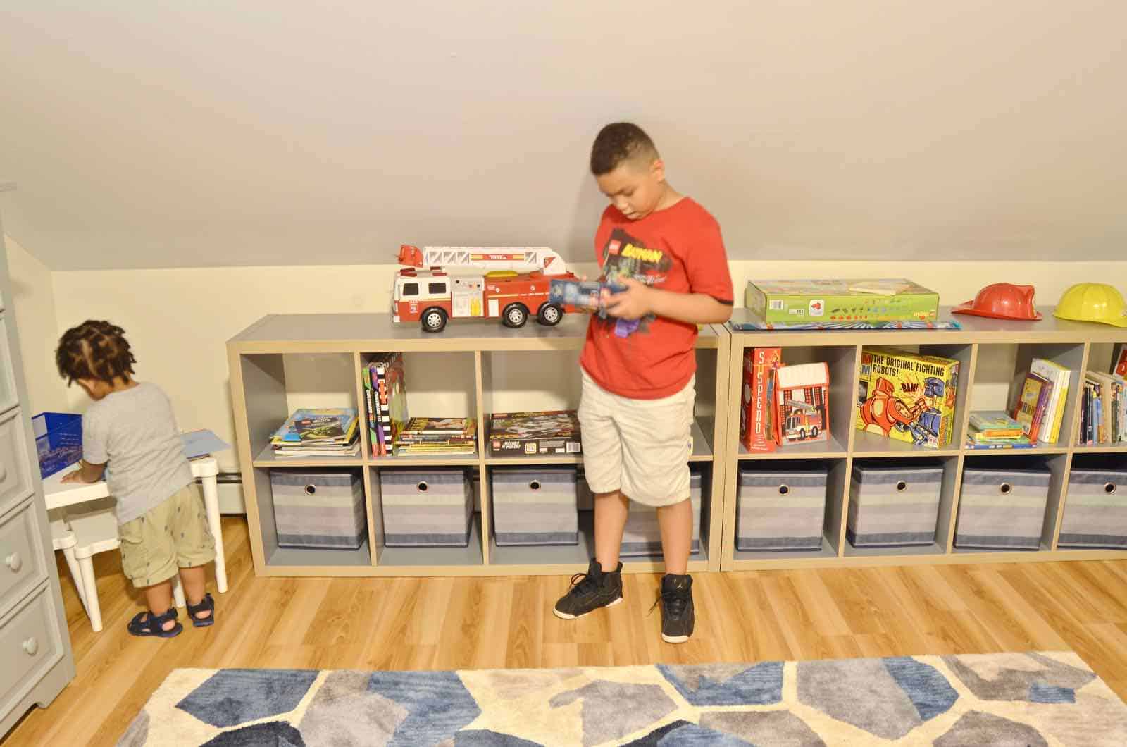 exploring toys in new room