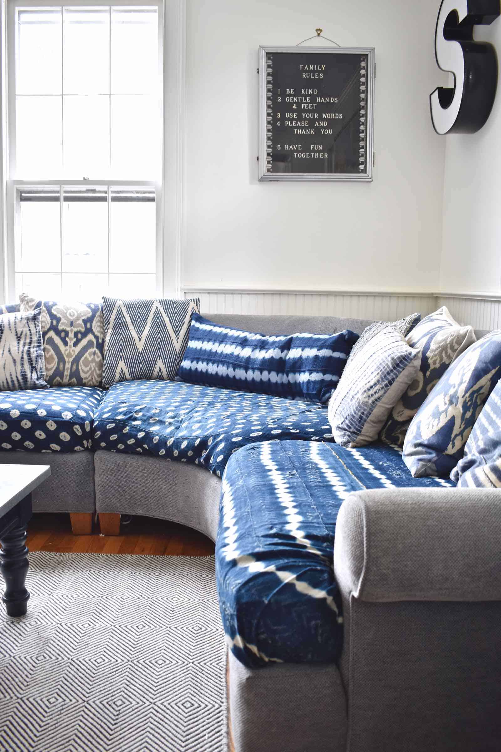 indigo cushions on couch