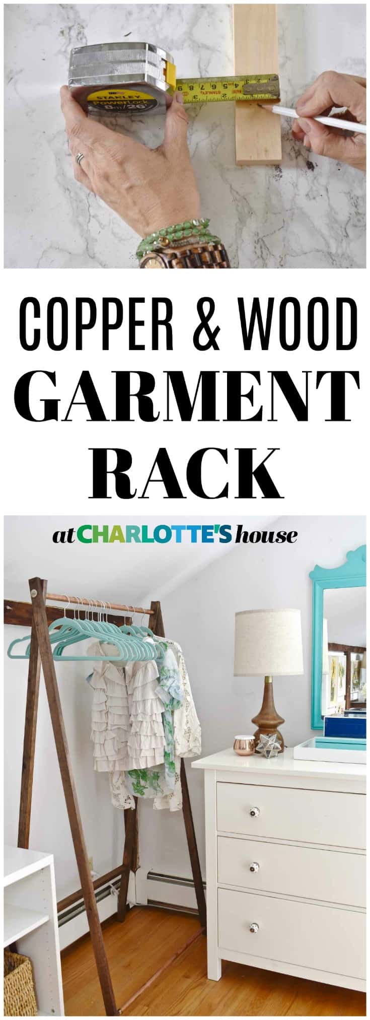 copper and wood garment rack