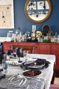 black and white halloween table decor chemistry lab