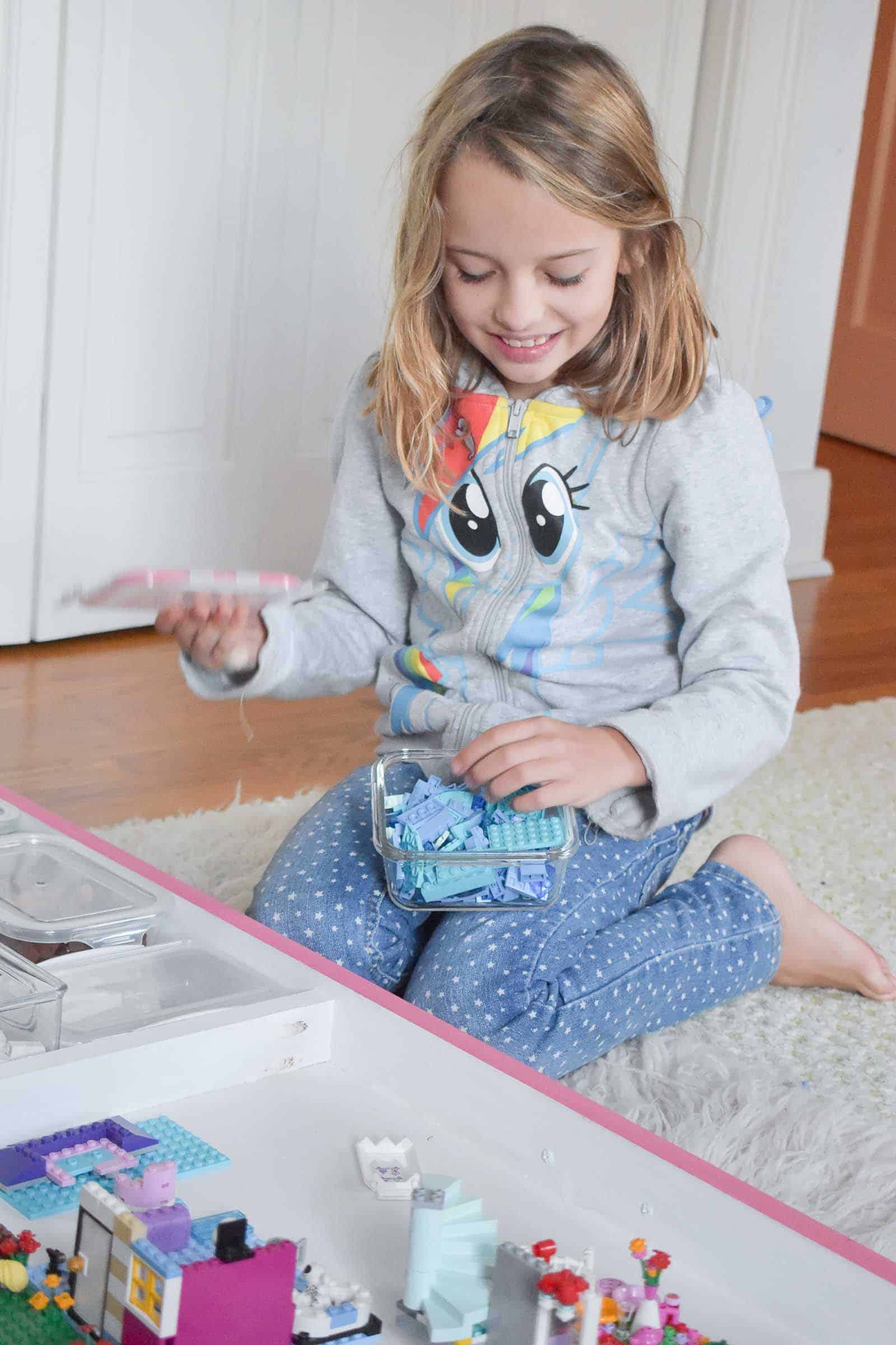 Eleanor with her pink lego tray