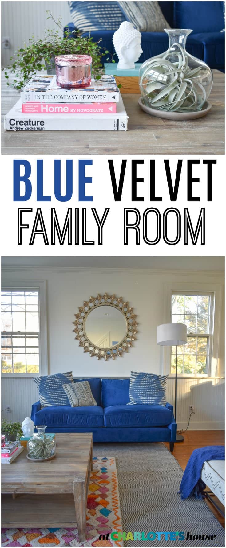 new and improved family room with blue velvet couches