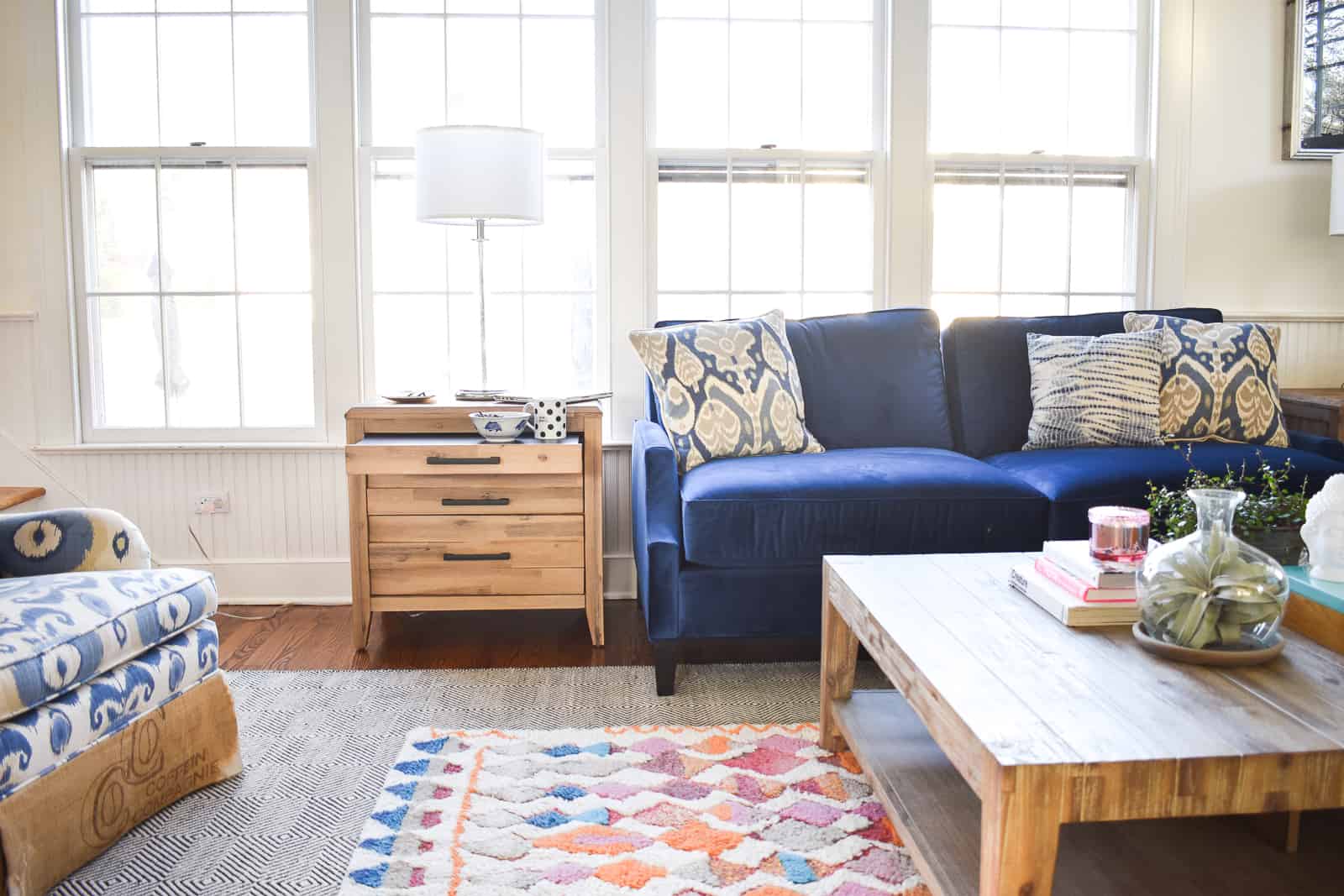 layered rug in family room