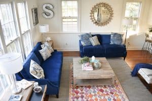 patterned rug and dark couches to hide kids stuff