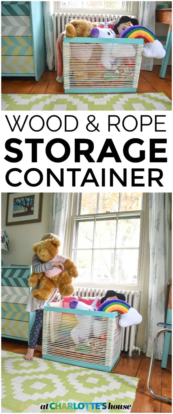 Simple wood and rope storage container. Durable and lightweight.