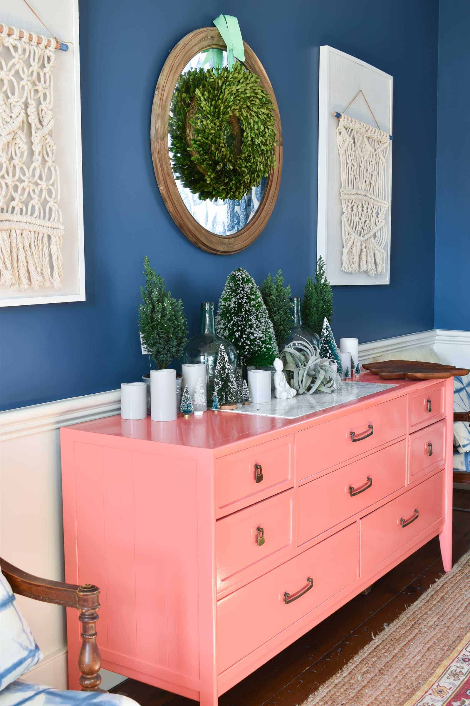 christmas trees on dining room sideboard