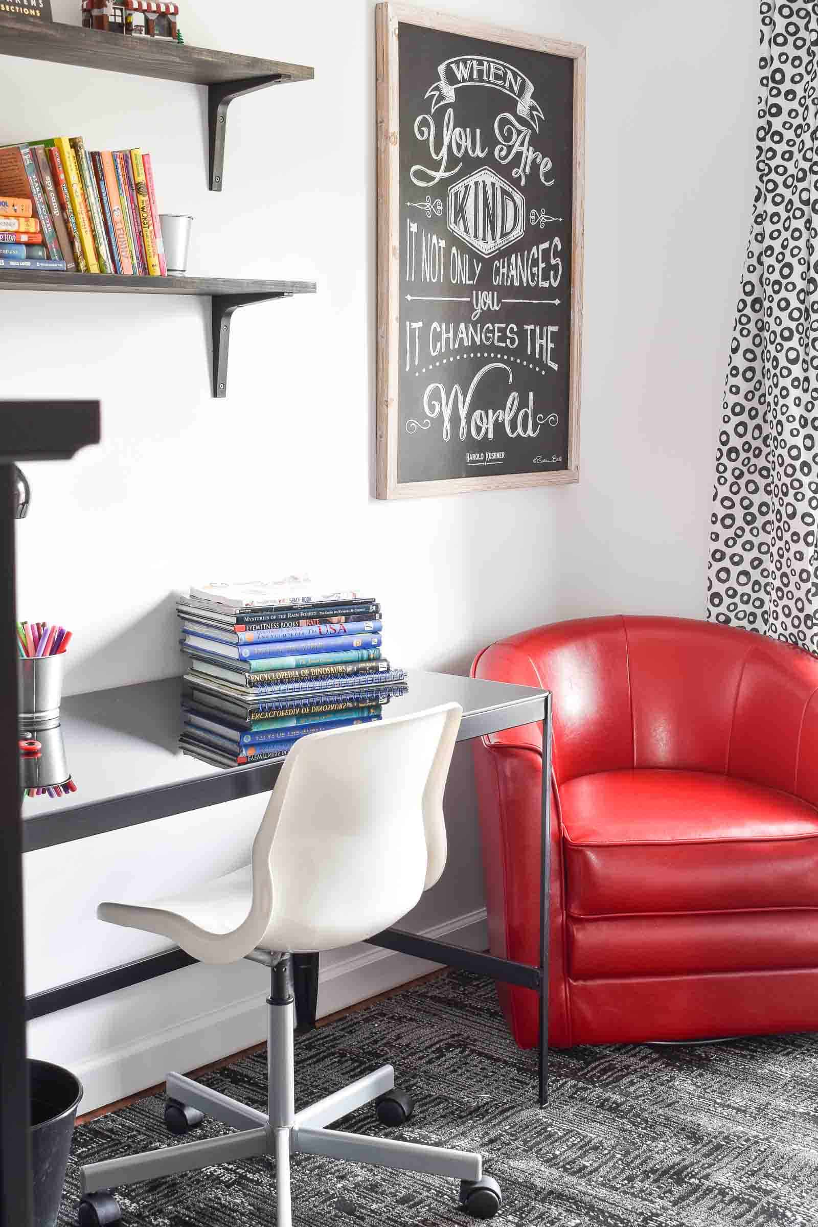 red leather chair in boys bedroom