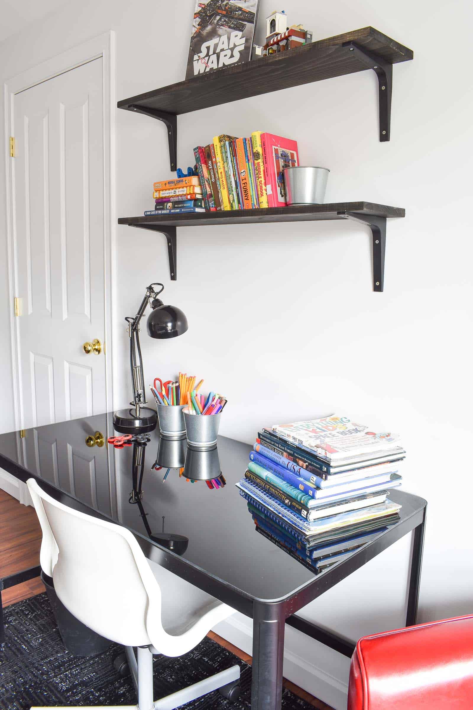 open shelves in boys room