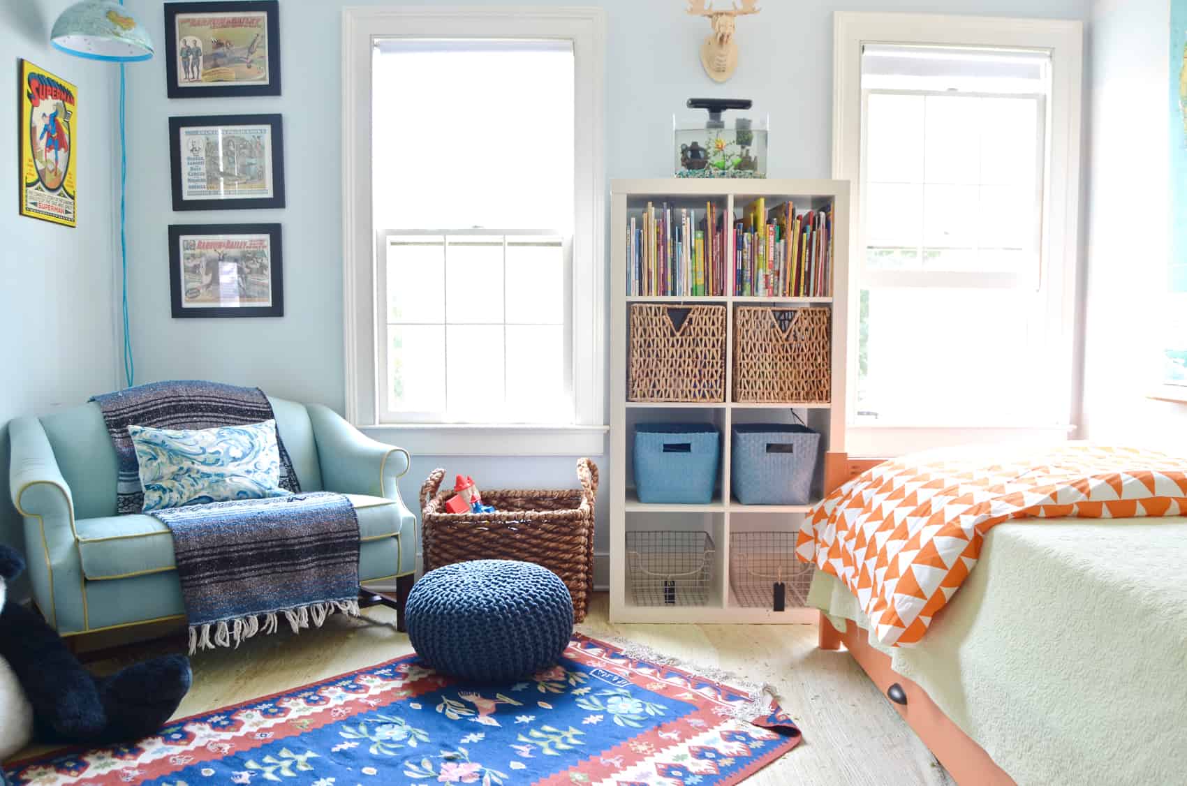 layered rugs in boys room