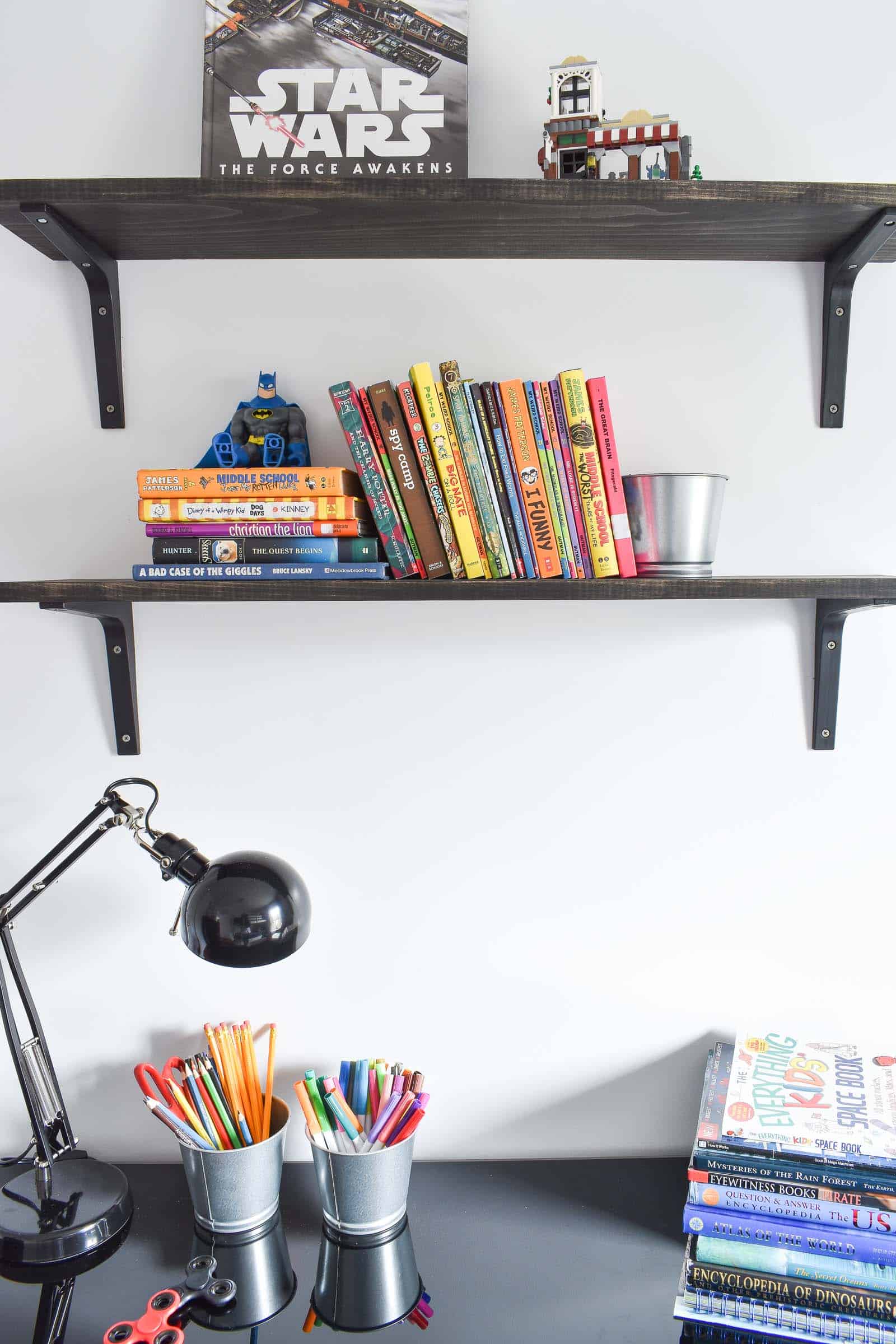 open shelves over desk area