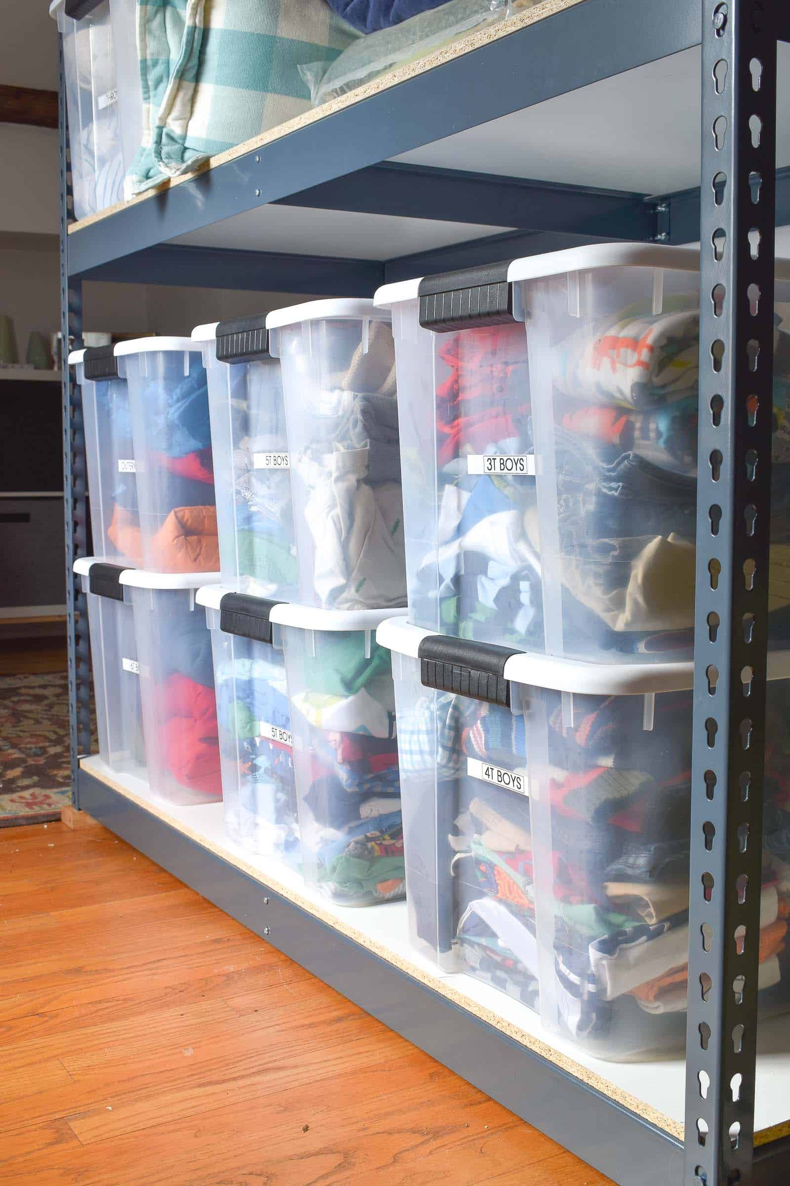 sorted tupperware bins in storage closet