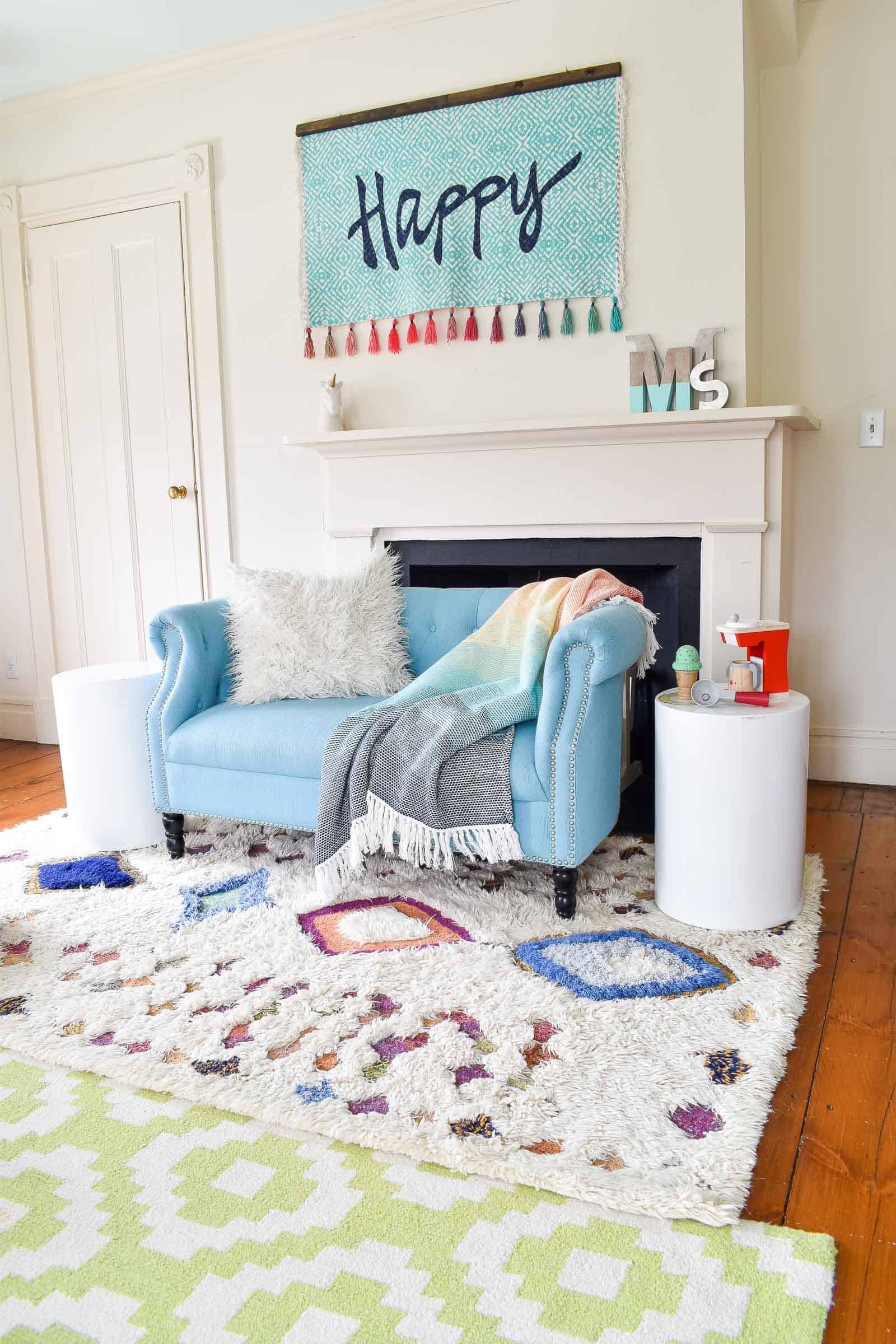 layered rug in girls room