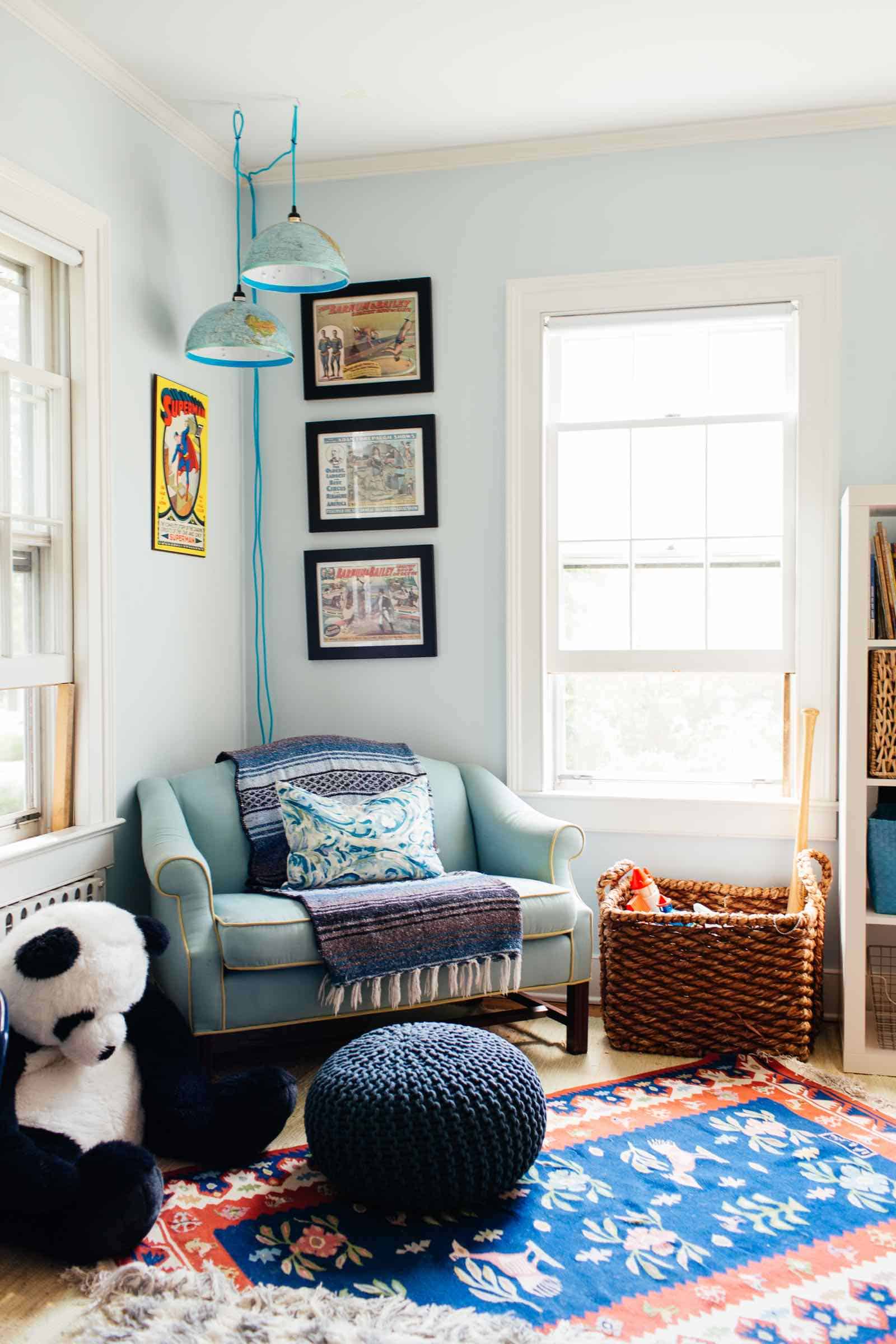 layered rugs in boys room