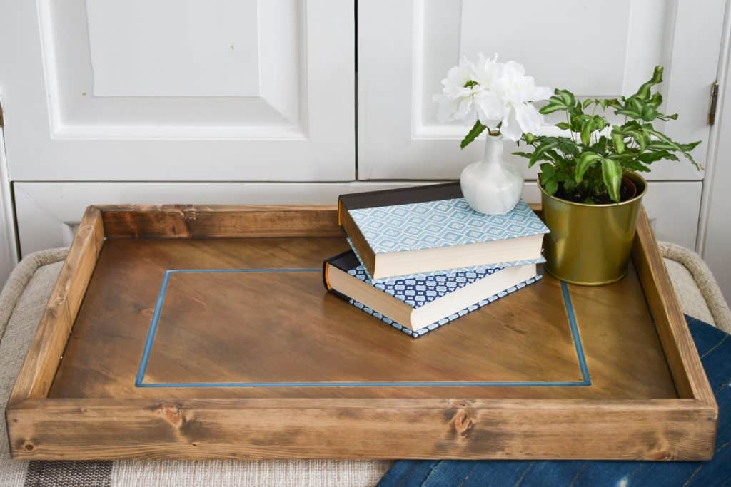 wooden tray with blue epoxy inlay