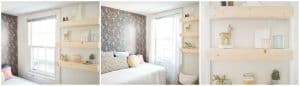 floating shelves and wallpaper in guest room gauntlet
