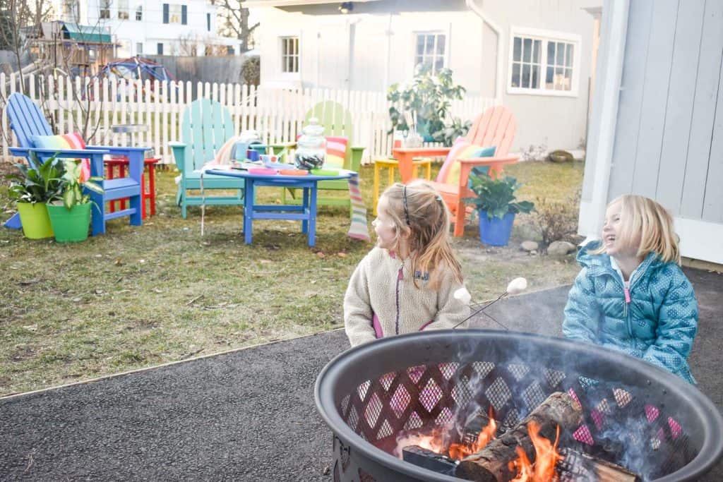 colorful patio furniture and s'mores