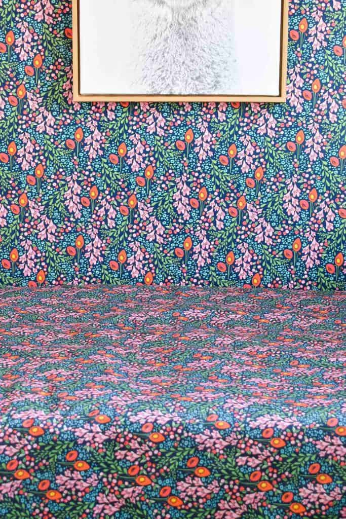 fabric and wallpaper detail in guest room