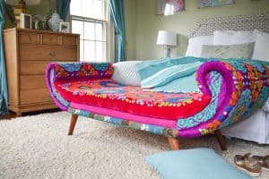 new colorful bench in master bedroom