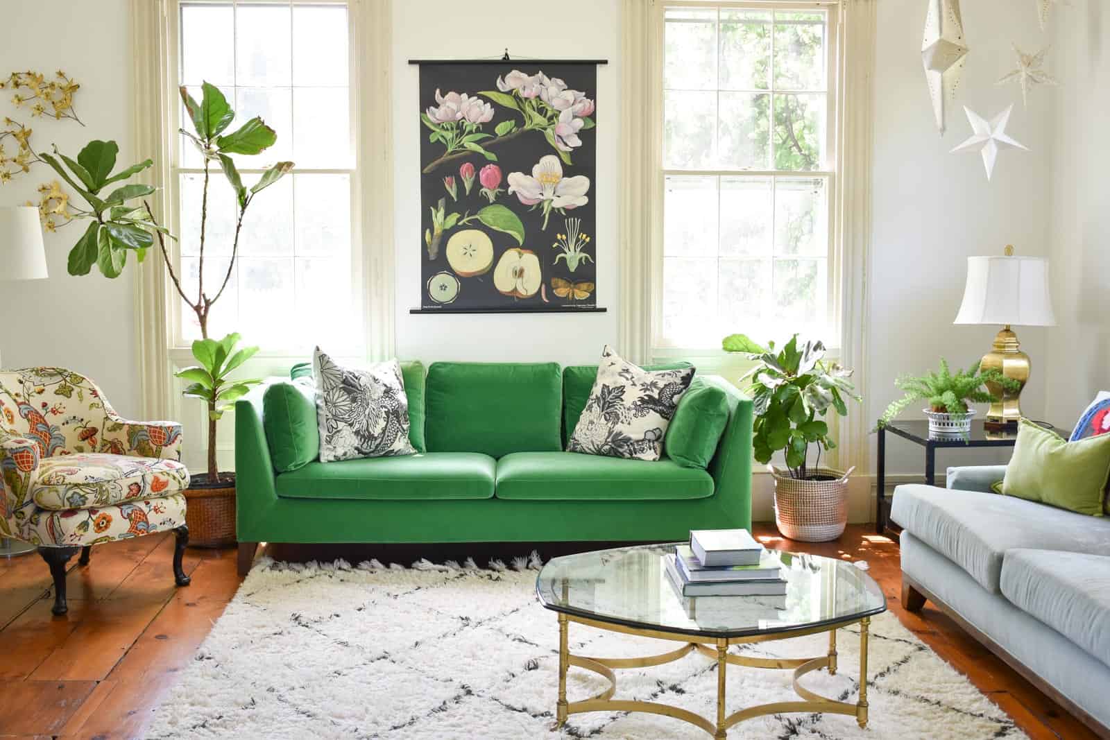 living room with green couch